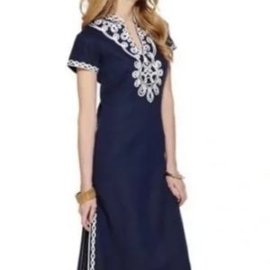 Lilly Pulitzer Sea Island Tunic maxi Dress Linen True Navy Sea Soutache. Size s
